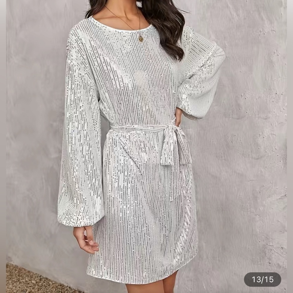 White Sequined Belted White Dress, Solid Loose Long Sleeve Dress